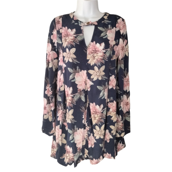 Blu Pepper Tunic Dress Womens Medium Blue Floral Pink Flowers Keyhole Boho - Picture 1 of 12